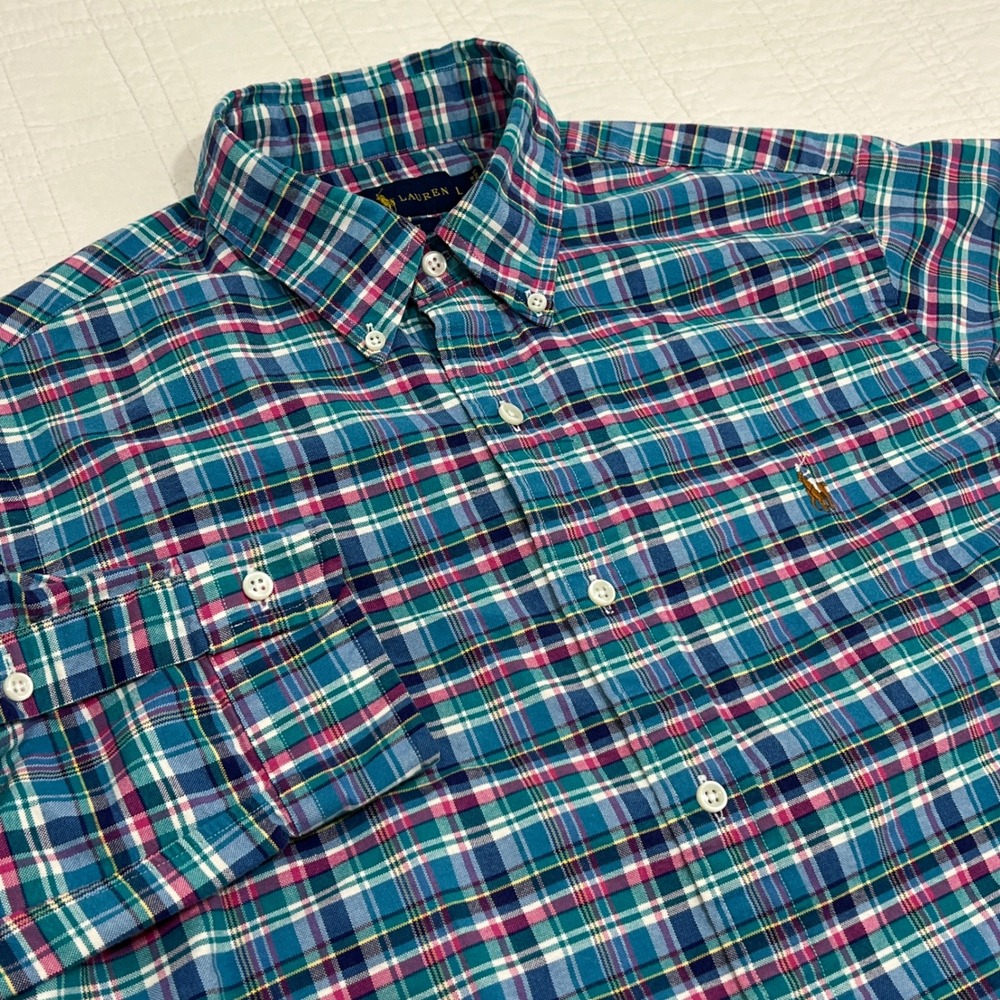 Ralph Lauren Mens Slim Fit Plaid Oxford Cloth Shirt Teal Pink Blue Large OCBD